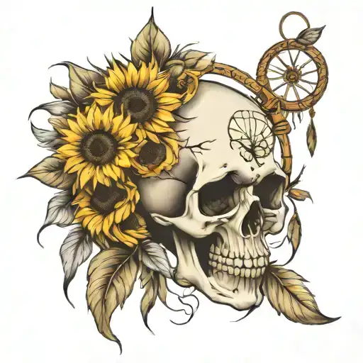 skull dreamcatcher with sunflowers  tattoo design idea
