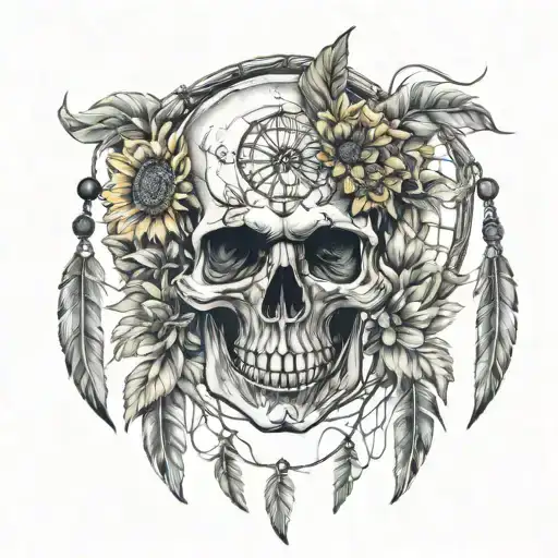 skull dreamcatcher with sunflowers tattoo design idea