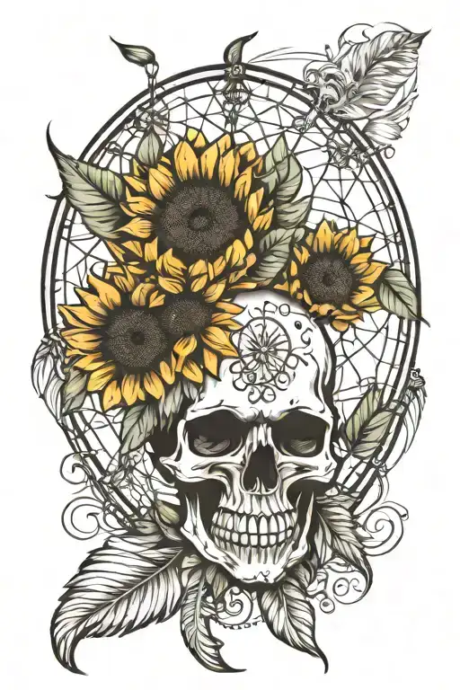 skull dreamcatcher with sunflowers  tattoo design idea
