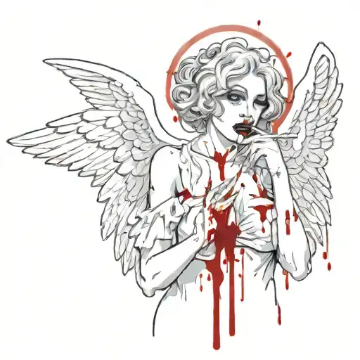 Sexy Angel Smoking Cigarette Covered in blood evil facial expression large cleavage white bloody torn dress Angel wings tattoo design idea