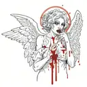 Sexy Angel Smoking Cigarette Covered in blood evil facial expression large cleavage white bloody torn dress Angel wings tattoo design idea