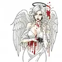 Sexy Angel Smoking Cigarette Covered in blood evil facial expression large cleavage white bloody torn dress Angel wings tattoo design idea