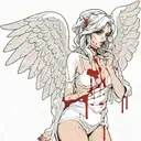 Sexy Angel Smoking Cigarette Covered in blood evil facial expression large cleavage white bloody torn dress Angel wings tattoo design idea