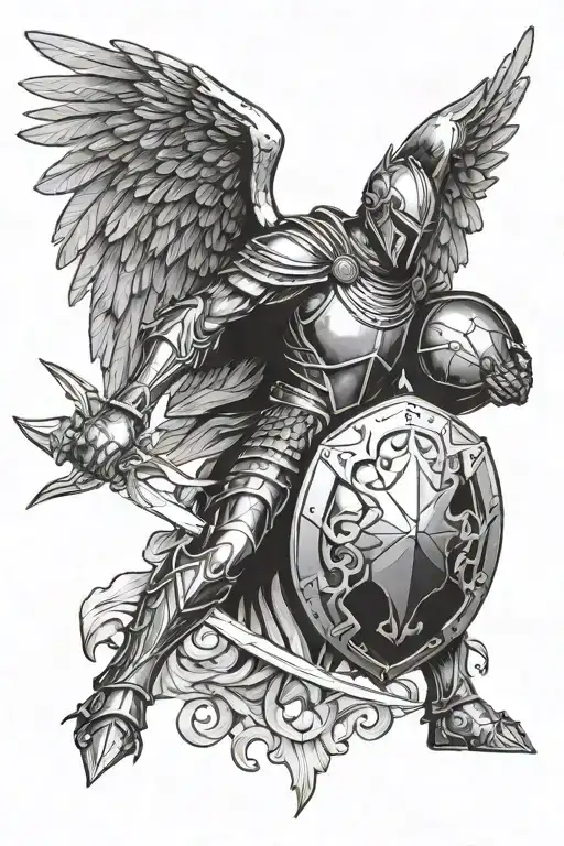Strong angel with large wings and Spartan armor, holding a shield with his right arm. tattoo design idea
