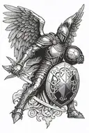 Strong angel with large wings and Spartan armor, holding a shield with his right arm. tattoo design idea