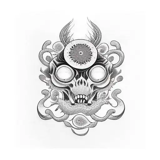 Dos medias caras unidas por ramas. Una de las medias caras con características cerebrales y la otra con características  tattoo design idea