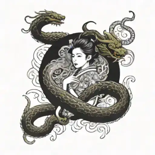 japan 1 girl 1 dragon and 1 snake tattoo design idea