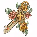 a arm sleeve with the name faeyana, Falend, Marilia, Mac, with a cross tattoo design idea