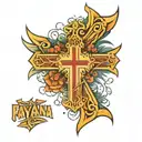 a arm sleeve with the name faeyana, Falend, Marilia, Mac, with a cross tattoo design idea