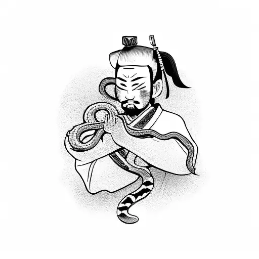 A samurai meditating with a snake wrapped around their arm tattoo design idea