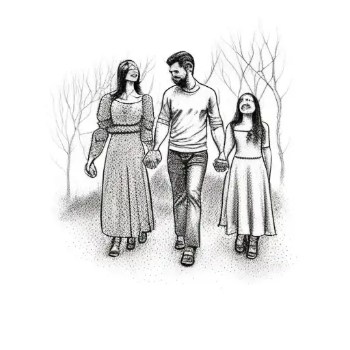 Man holding hands with his children walking towards the woods tattoo design idea