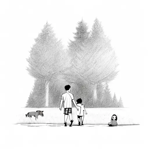 Man holding hands with his children walking towards the woods two boys and girl tattoo design idea
