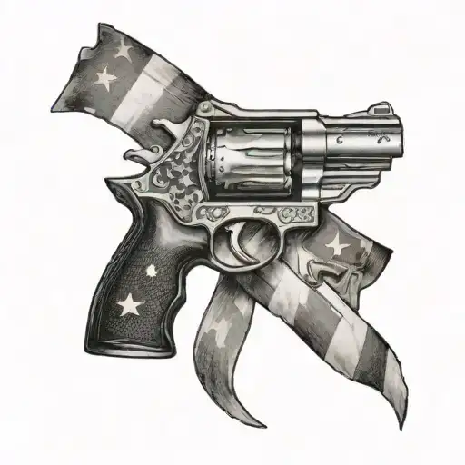 An intricate black and grey tattoo of a revolver wrapped in an American flag banner tattoo design idea