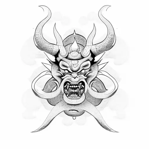 Design a dotwork tattoo featuring a demon or oni with elements of Japanese art tattoo design idea