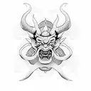 Design a dotwork tattoo featuring a demon or oni with elements of Japanese art tattoo design idea
