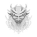Design a dotwork tattoo featuring a demon or oni with elements of Japanese art tattoo design idea