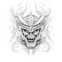 Design a dotwork tattoo featuring a demon or oni with elements from both video games and Japanese art tattoo design idea