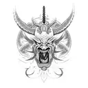 Design a dotwork tattoo featuring a demon or oni with elements from both video games and Japanese art tattoo design idea