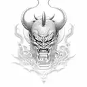 Design a dotwork tattoo featuring a demon or oni with elements from both video games and Japanese art tattoo design idea