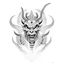 Design a dotwork tattoo featuring a demon or oni with elements from both video games and Japanese art tattoo design idea