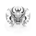 Design a dotwork tattoo featuring a demon or oni with elements from both video games and Japanese art tattoo design idea