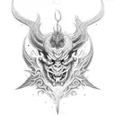 Design a dotwork tattoo featuring a demon or oni with elements from both video games and Japanese art tattoo design idea