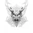 Design a dotwork tattoo featuring a demon or oni with elements from both video games and Japanese art tattoo design idea