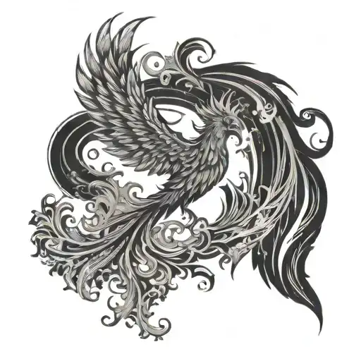 A cigarro with intricate smoke swirls forming the shape of a phoenix rising from the ashes tattoo design idea