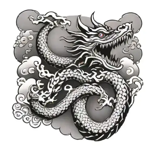 Japanese dragon between clouds tattoo design idea