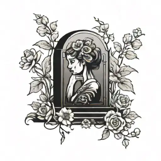 a tombstone with flowers on it and besidethe grave a glock and a woman crying  tattoo design idea