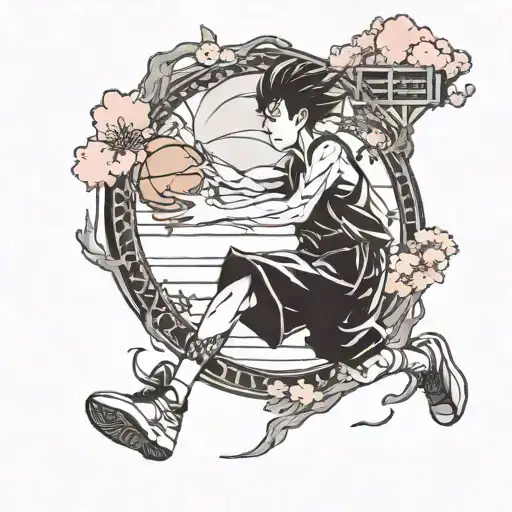 An anime character playing basketball in a surreal, dreamlike setting with cherry blossoms and traditional Japanese motifs tattoo design idea