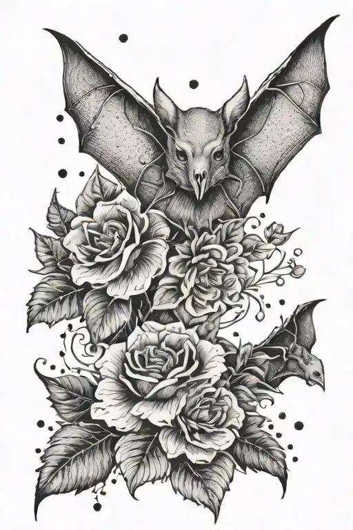 floral sleeve with cute bats tattoo design idea
