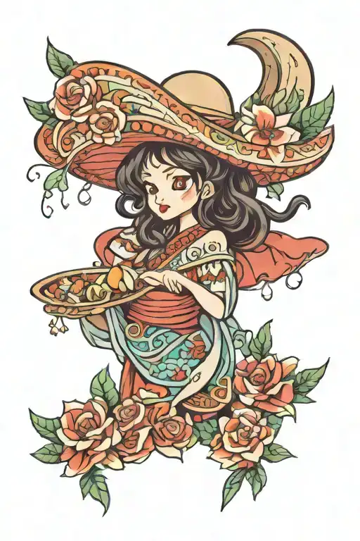 Mexican cultural heritage that converts to Japanese culture in a sleeve format tattoo design idea