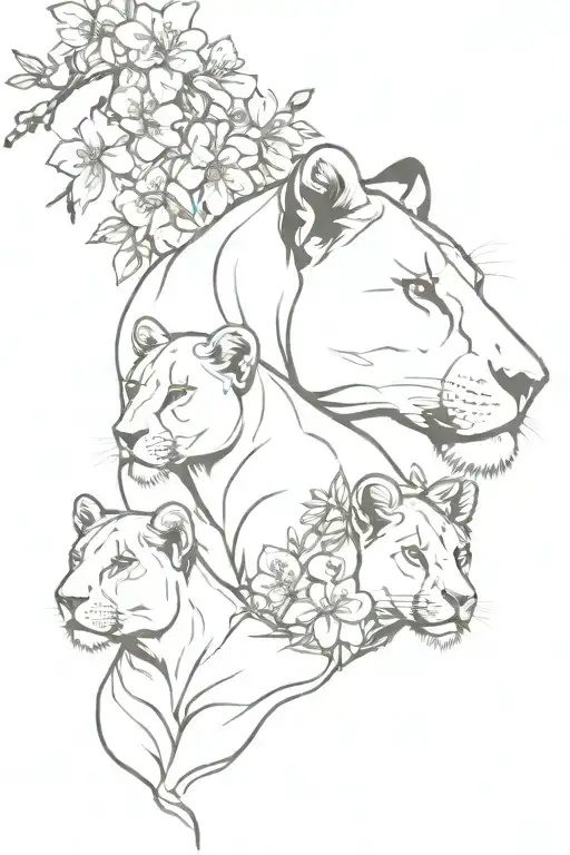lioness and three cubs with cherry blossoms and leaves for arm tattoo design idea