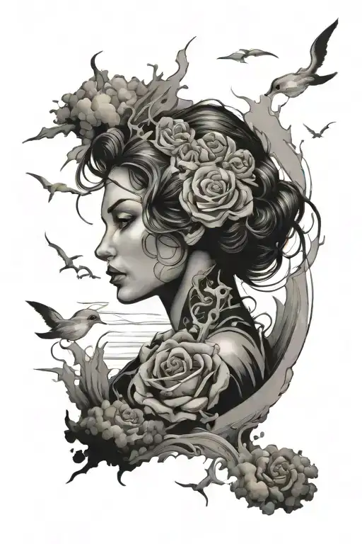 feminine storm with ocean scene tattoo design idea