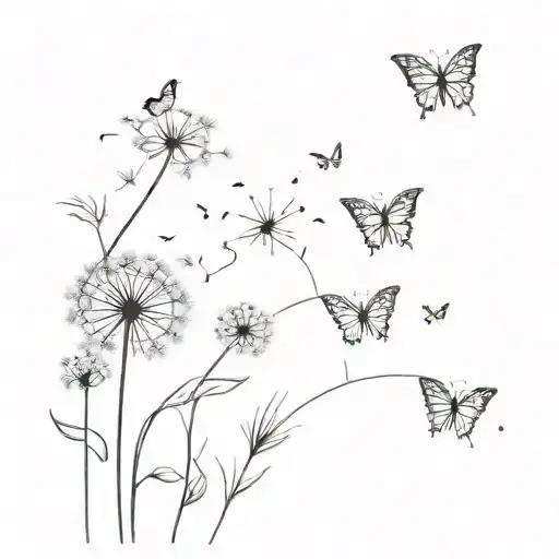 dandelion blowing with 3 butterflies fluttering tattoo design idea