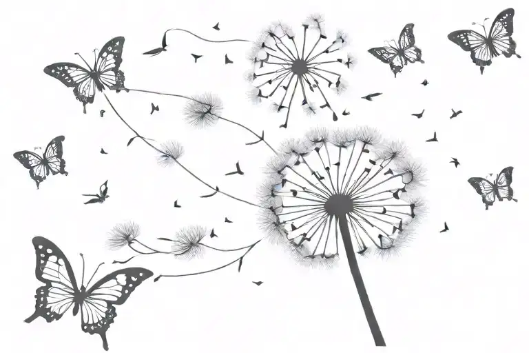 dandelion blowing with 3 butterflies fluttering tattoo design idea