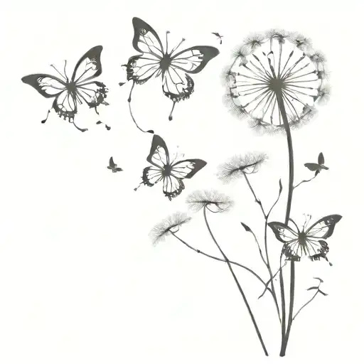 dandelion blowing with 3 butterflies flying tattoo design idea