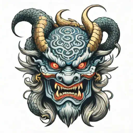 dragon japanese oni mask tattoo design idea