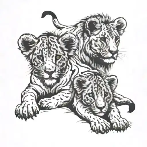 lion lioness 4 cubs playing tattoo design idea