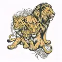 lion lioness 4 cubs playing tattoo design idea