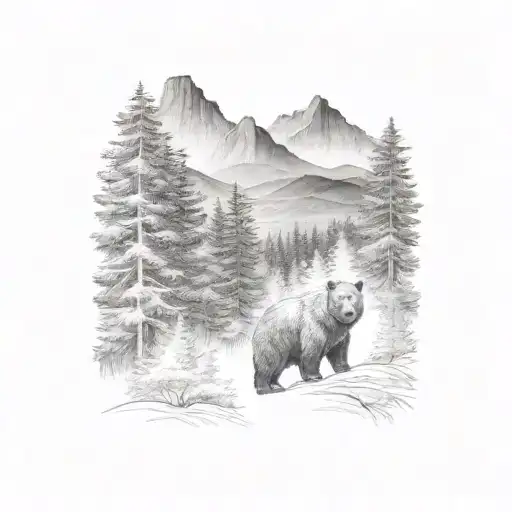 smoky mountain scene with trees and a bear tattoo design idea