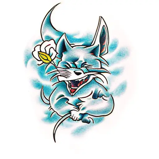 medio cuerpo de un zorro ninja, sosteniendo una katana con fondos de flores tattoo design idea