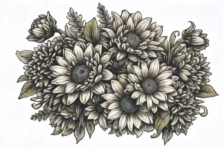 Elongated slim Bouquet of gerberas tattoo design idea