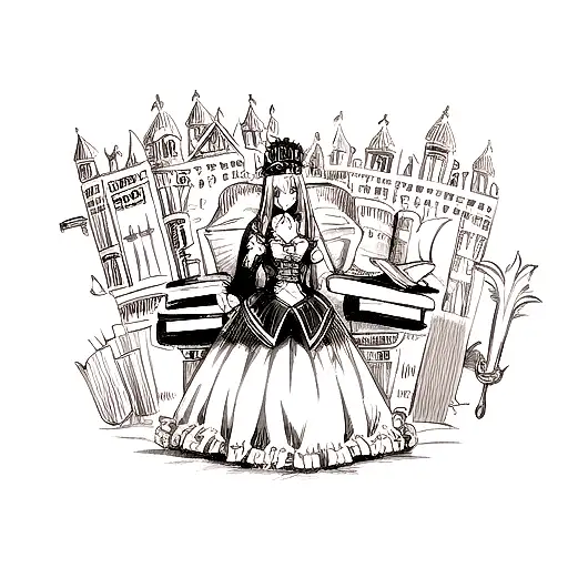 Queen's Crown with words being normal is vastly overrated surrounded by quill and ink, handcuffs, book, and corset.  tattoo design idea