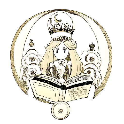 Queen's Crown surrounded by moon phases, quill and ink, handcuffs, book, and corset.  tattoo design idea