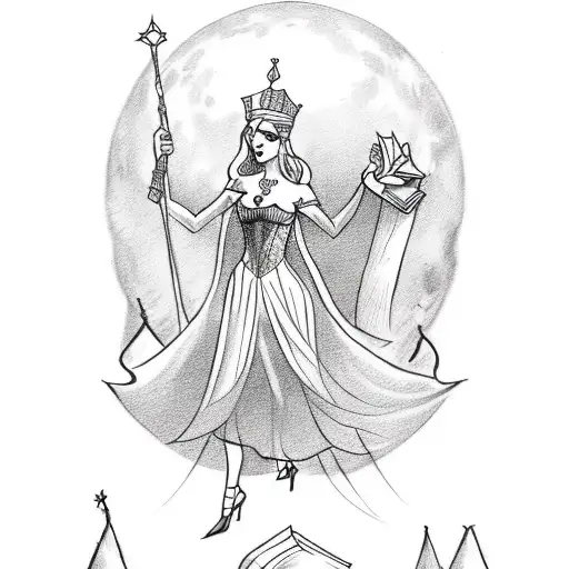 Tarot card with crown, quill and ink, handcuffs, corset, reading a book, moon phases, and money tattoo design idea