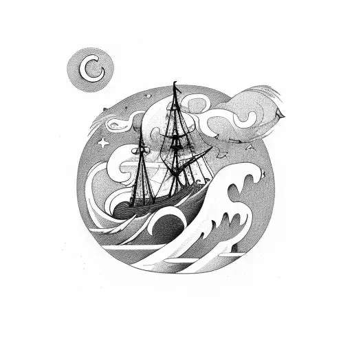 Viking longship riding a big sea wave in a thunderstorm, with a large sea serpent looming and a stary night sky with nor tattoo design idea