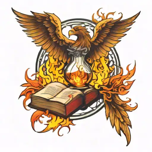 Phoenix and book surrounded by hourglass and fire flames tattoo design idea