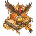 Phoenix and book surrounded by hourglass and fire flames tattoo design idea